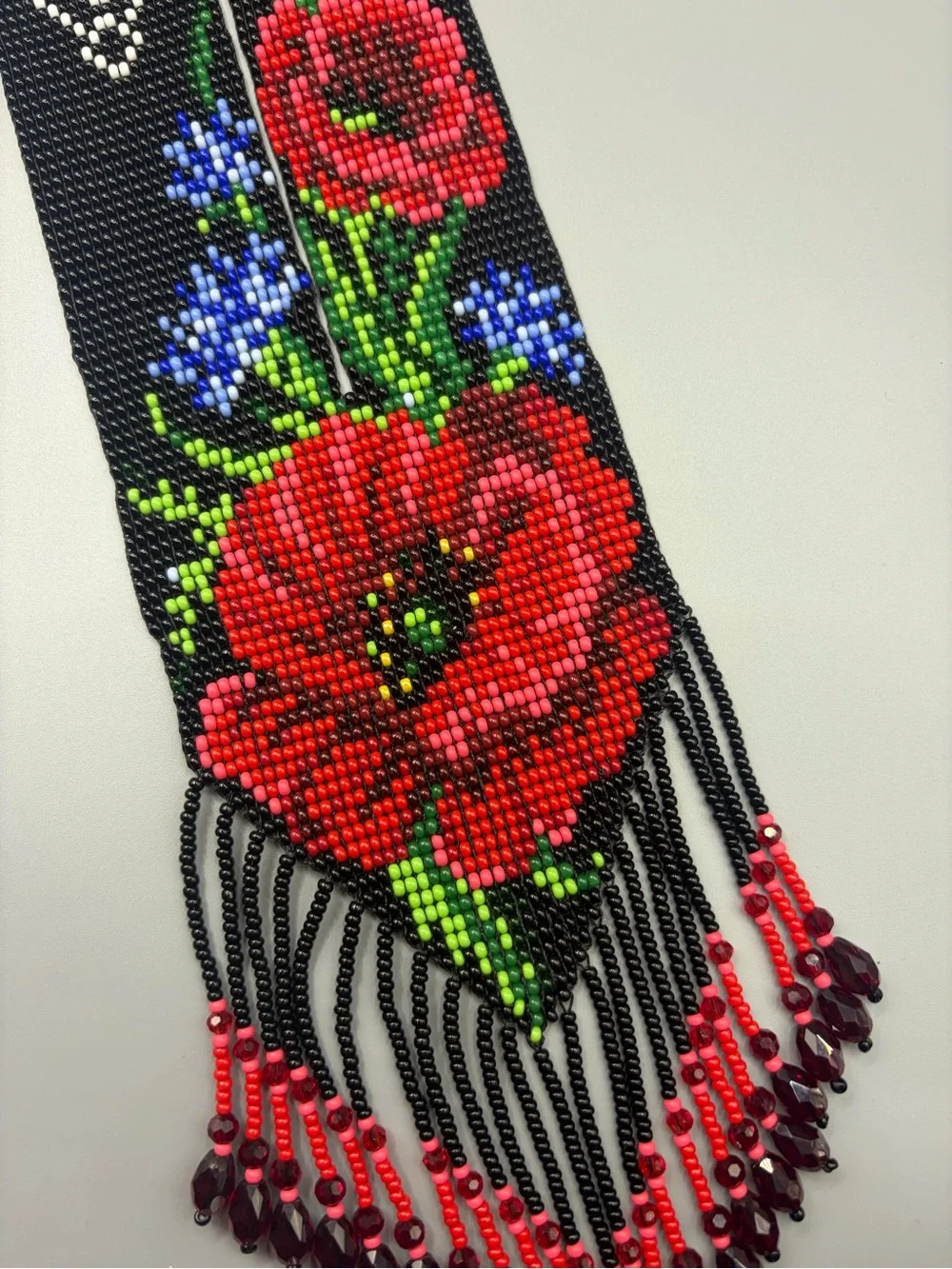 Handmade Black Beaded Necklace with Red Poppy Design
